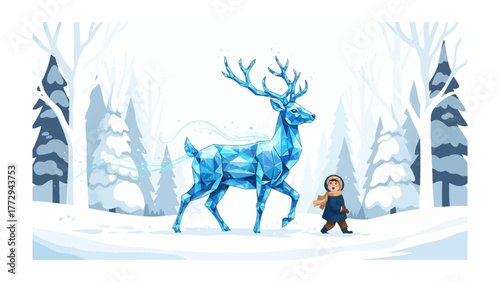 Frozen deer with child in winter: A magical illustration unfolds, as a child encounter a majestic frozen deer within a snowy forest, the deer's icy form sparkling under the winter sky.