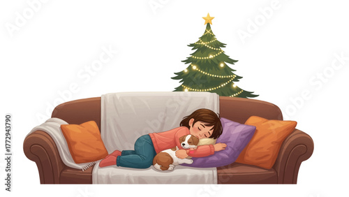 Cozy Holiday Nap: A young girl and her puppy peacefully slumber on a comfortable sofa beneath a twinkling Christmas tree, exuding the warmth and joy of the holiday season.
