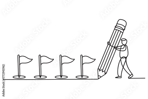 Drawing of businessman using pencil draw line with flag as milestones. one line Icon drawing with white background