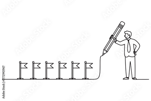 Drawing of businessman using pencil draw line with flag as milestones. one line Icon drawing with white background