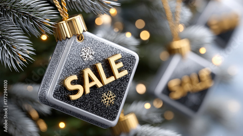 Black leather-like price tag featuring gold SALE lettering, surrounded by sparkling gold and silver beads, creating a luxurious and enticing visual for holiday discounts and special offers