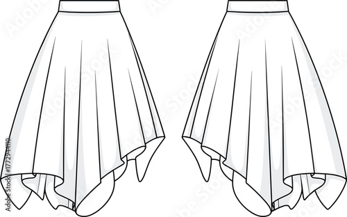 Handkerchief hem skirt flat sketch, front and back view, flowy asymmetric apparel template, clothing fashion outline, vector garment technical illustration
