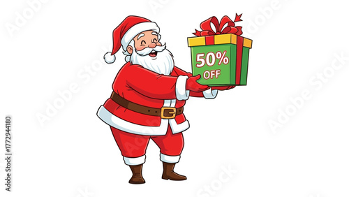 Holiday Cheer and Savings: A cheerful, bearded figure dressed in a classic red suit, holding a gift box that offers fifty percent off.