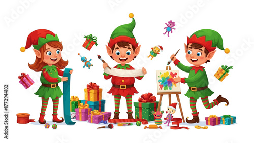 Elf Workshop's Festive Art: Amidst a vibrant workshop, elves with festive attire meticulously prepare gifts and create cheerful artwork, crafting the spirit of the joyous holiday season.