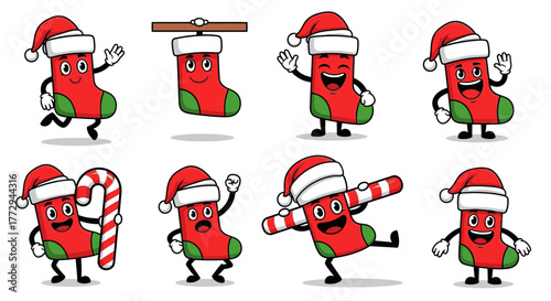 A collection of cartoon Christmas stockings with various expressions and actions, festive and joyful.