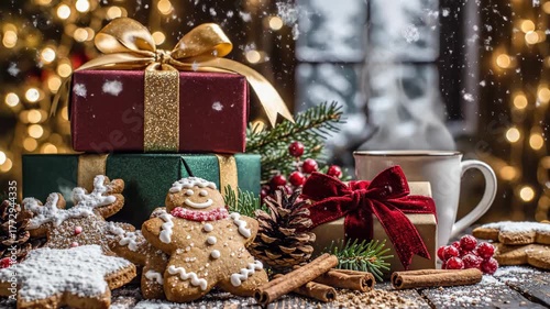 Christmas Gift Boxes and Gingerbread Cookies - This cozy video shows a stack of wrapped gift boxes with ribbons, alongside gingerbread cookies and cinnamon sticks on a Christmas table.