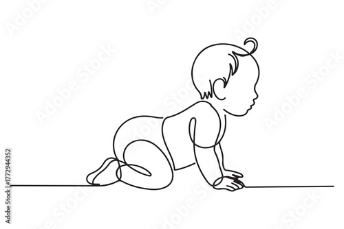 Drawing of side view of pretty crawling baby. one line Icon drawing with white background