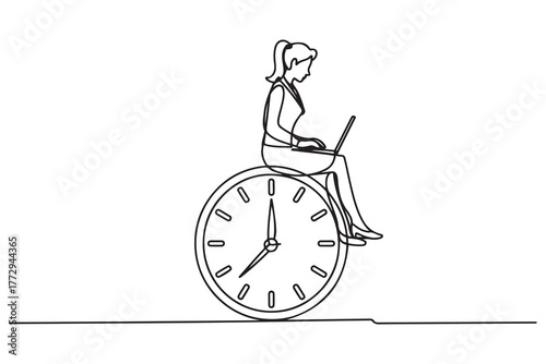 Drawing of businesswoman using computer laptop sitting on clock working. one line Icon drawing with white background