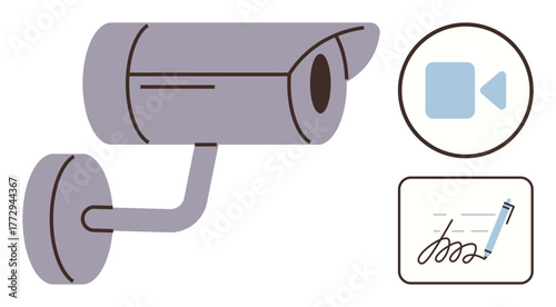Wall-mounted surveillance camera with video recording icon and signed document. Ideal for security, monitoring, privacy, contracts, accountability, compliance, safety. Minimalist flat metaphor