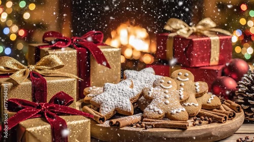 Christmas Gifts and Gingerbread Cookies - A festive Christmas display features wrapped gift boxes with ribbon, gingerbread cookies, and cinnamon sticks arranged on a table.
