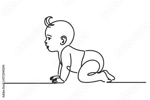 Drawing of side view of pretty crawling baby. one line Icon drawing with white background