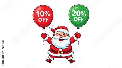 Holiday Discounts with a Smile: An animated Santa Claus joyfully displays festive balloons indicating percentage discounts, perfect for holiday-themed promotions. 