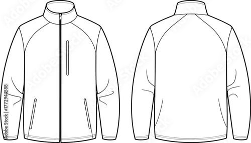 Men’s jacket flat sketch, front and back technical drawing, zipper pockets outerwear template, fashion garment outline, vector clothing illustration design