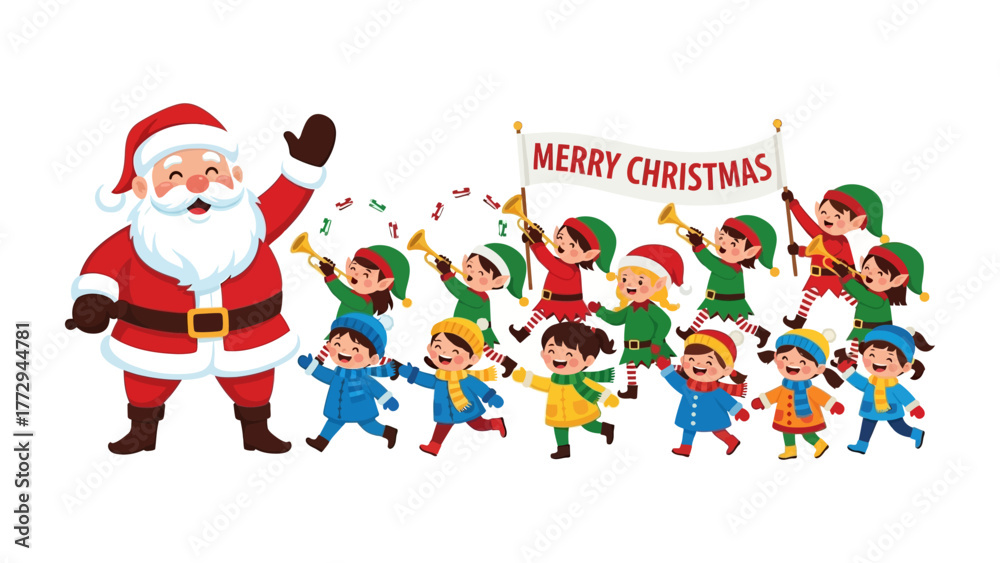 Fototapeta premium A festive Christmas procession: The joy of the holiday season comes to life, a jolly Santa leads a parade of cheerful kids in winter attire, and elves bearing festive signs, and ringing bells