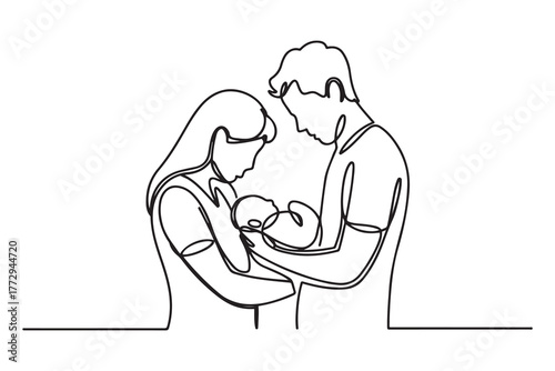 Illustration of woman and man holding a newborn. Mom, dad and baby. one line Icon drawing with white background