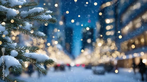 Close-up of Christmas tree branches dusted with fresh snow, glowing golden fairy lights sparkling, blurred festive city street in background with copy space