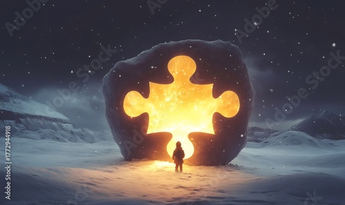 Child standing before a rock formation with a glowing puzzle shape in a snowy, mysterious environment