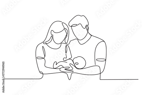 Illustration of woman and man holding a newborn. Mom, dad and baby. one line Icon drawing with white background