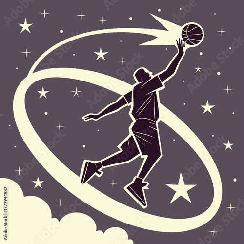 Silhouette Basketball Player Dunking Under Starry Sky jumping