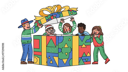 Festive Gift Opening: A group of excited children collaborate, unboxing a large, vibrantly decorated gift. Capturing the thrill of a shared moment.