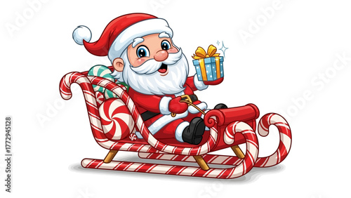 Festive Santa's Journey: A cheerful Santa Claus, rides in a candy cane sleigh, filled with gifts, spreading holiday cheer and the magic of Christmas.