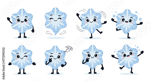 Cute cartoon snowflakes with faces and limbs in various poses and expressions against a white background.