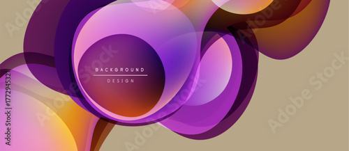 Abstract fluid shapes overlap, creating vibrant purple, orange gradients. Background design features text within central circle. Modern aesthetic.
