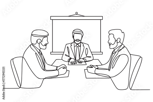 Business meeting between arabic business men. Concept of presentation. one line Icon drawing with white background