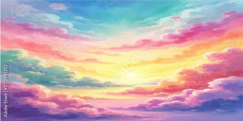 Vibrant orange, red, and yellow sunset clouds illuminate the beautiful blue sky with a distant rainbow and a burst of sunlight