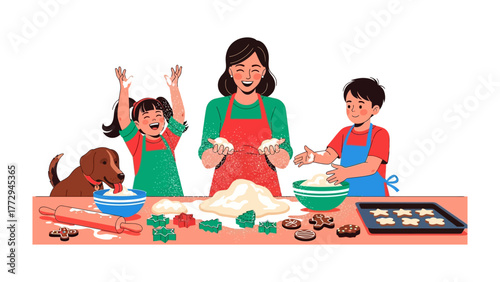 Family Baking Fun: A loving mother and her children delight in the simple joy of baking, kneading dough, shaping cookies, and sharing laughter in a warm kitchen. 