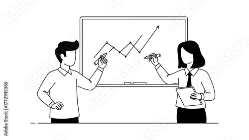 Two business people drawing a graph on whiteboard