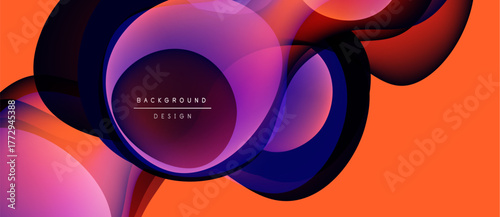 Abstract fluid shapes overlap, creating vibrant color gradients. Orange background complements purple, pink hues. Modern design element.