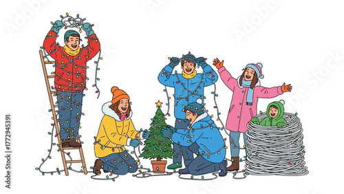 Festive Spirit: A cheerful group adorns their holiday tree, wrapped in decorative lights, showcasing the joyous anticipation of a delightful season. 