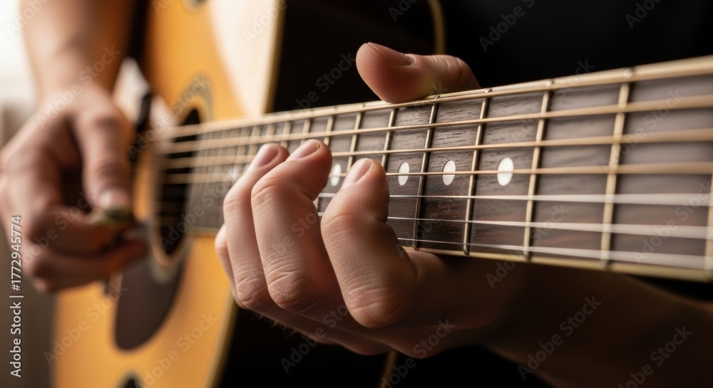 Obraz premium Close-up of Musician Playing an Acoustic Guitar