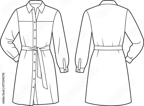 Papier peint Shirt dress technical flat sketch front and back, long sleeve belted dress templ