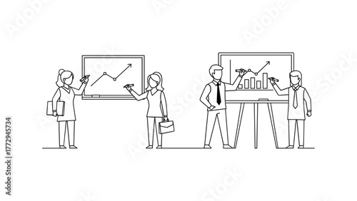 Business people drawing a graph on a whiteboard