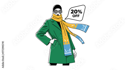 Fashion Forward: Stylish Illustration with a Promotional Discount. An elegant figure showcases fashionable attire, accented by a bold graphic of a promotional offer.