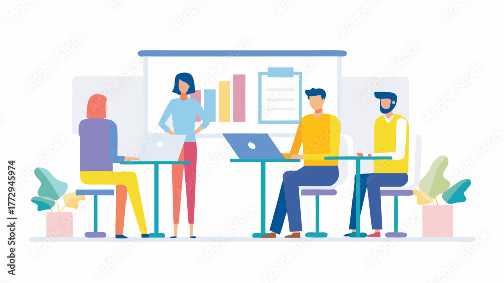 Obraz premium Diverse team collaborates in a modern office meeting presenting data on a whiteboard with laptops on tables