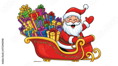 Joyful Santa Claus with Gifts: Santa Claus, a symbol of holiday cheer, waves joyfully from a sleigh overflowing with colorful gift boxes, embodying the spirit of Christmas and generosity. 