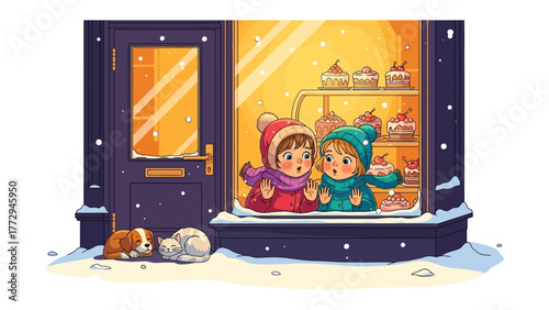 Sweet Shop Spectacle: Two delighted children, bundled in warm winter attire, gaze through a window at an inviting shop display, their faces lit by wonder as they dream of treats. 