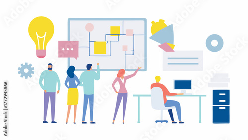 Diverse team collaborating on a project brainstorming ideas and planning strategy with a flowchart and lightbulb symbol