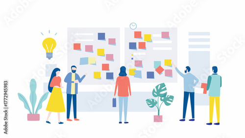 Diverse team collaborating on a project using a sticky note board and brainstorming ideas with a lightbulb symbol