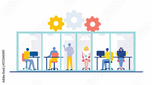 Modern office interior with diverse team working collaboratively at desks with computers and gears symbolizing teamwork and productivity