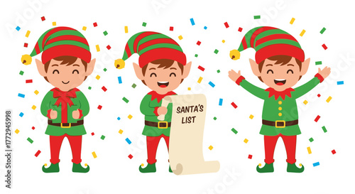 Three cartoon elves in green and red outfits, one holding Santa's list, surrounded by colorful confetti.