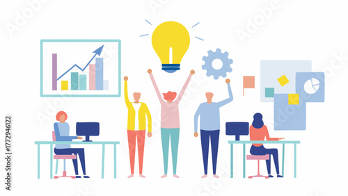 Diverse team celebrating a successful idea and business growth with charts and a glowing lightbulb above them