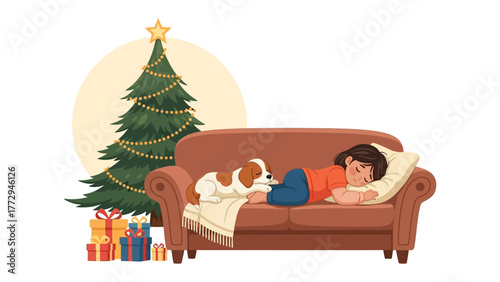 Festive Slumber: A peaceful scene of a young person and their dog taking a cozy nap on a couch next to a decorated christmas tree. 