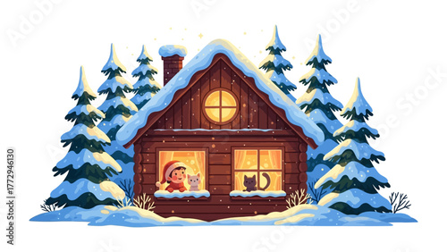 Cozy Winter Cottage: An inviting illustration of a snow-covered cottage nestled amongst evergreen trees, featuring a warm, glowing interior, creating a sense of seasonal comfort and peace.