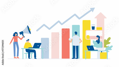 Diverse team collaborating and analyzing growth charts with a rising arrow and megaphone symbolizing success and communication