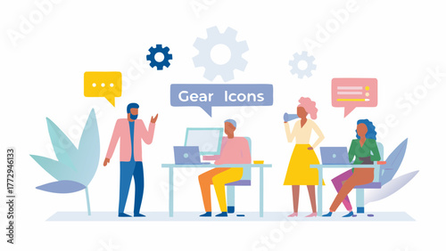 Diverse team collaborating in a modern office setting with gear icons representing teamwork and productivity