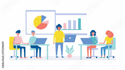 Diverse team collaborating in a modern office setting with charts and graphs displayed on screens during a business meeting